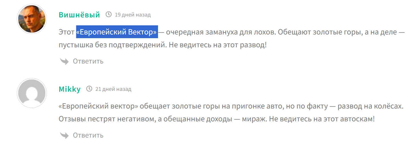 европейский вектор авто отзывы
